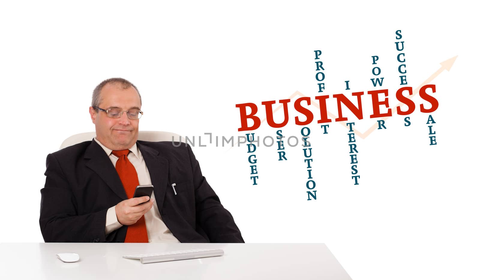 businessman sitting at desk and holding a mobilephone with business word cloud, isolated on white