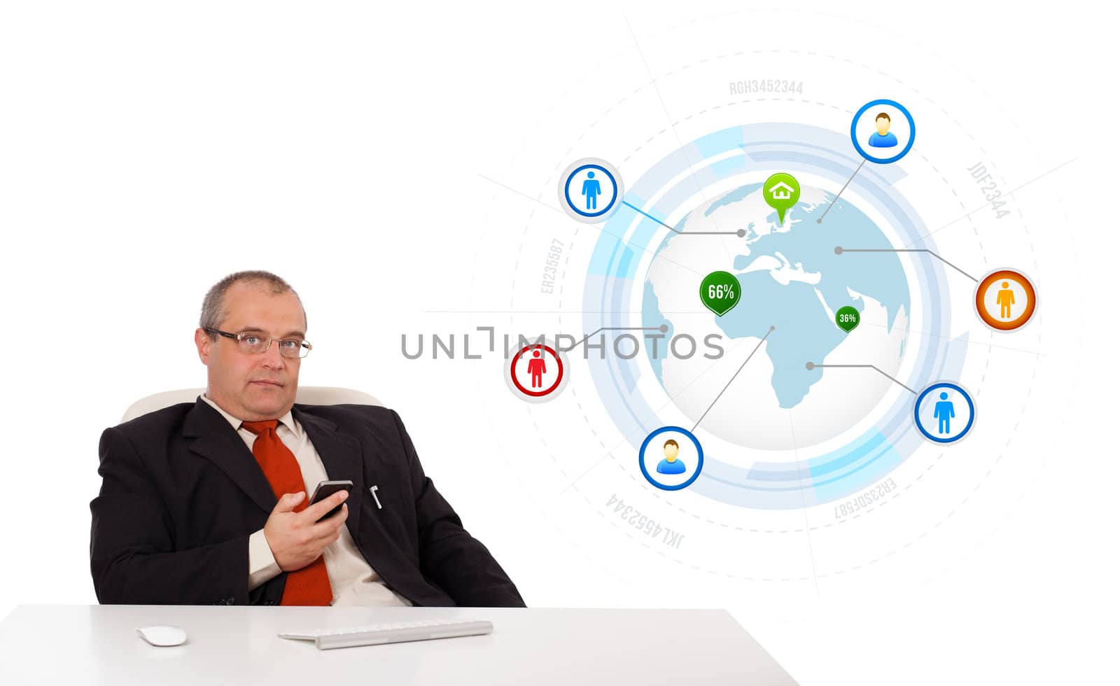 businessman sitting at desk and holding a mobilephone with globe and social icons, isolated on white