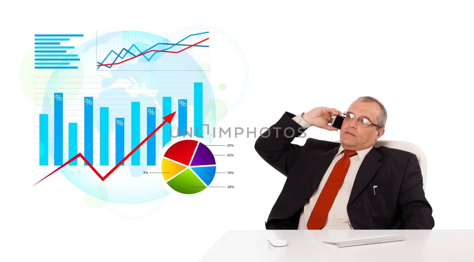 Businessman sitting at desk with statistics and making a phone call, isolated on white