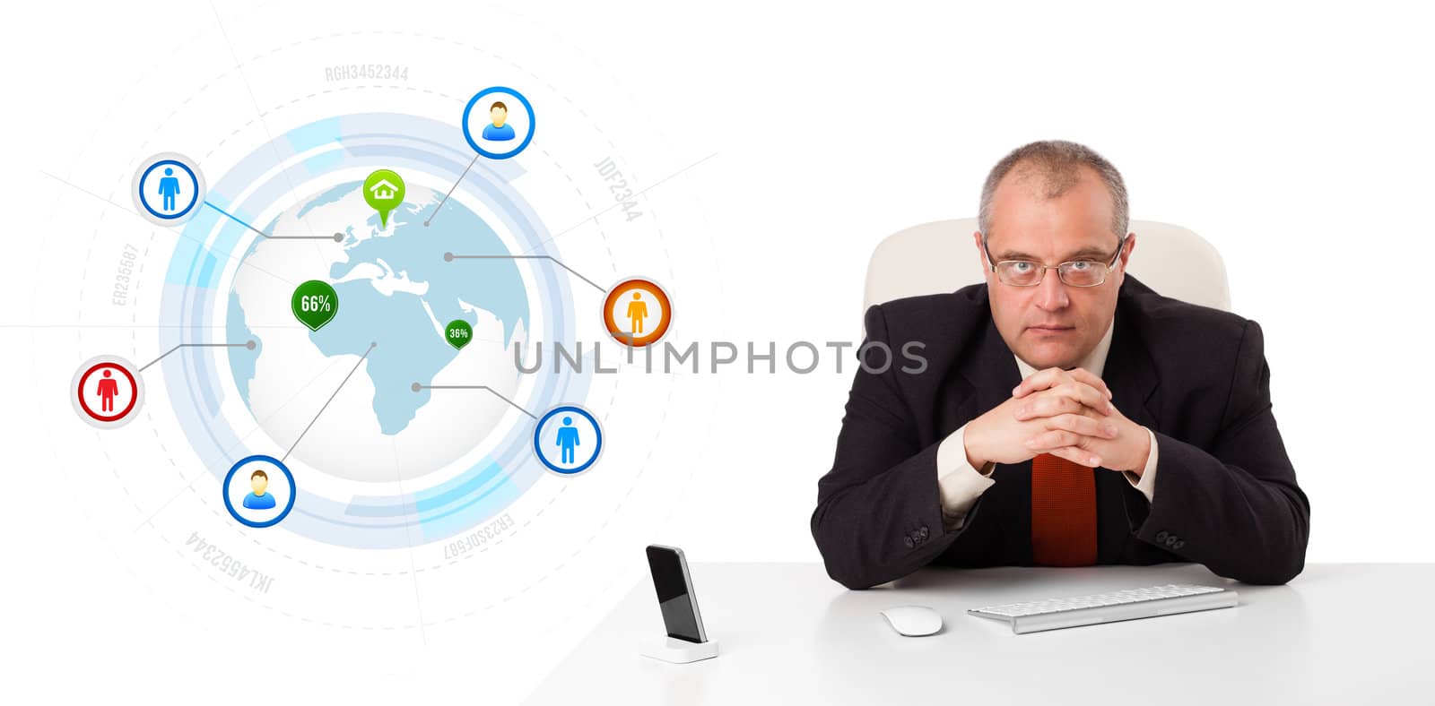 businessman sitting at desk with a globe and social icons, isolated on white