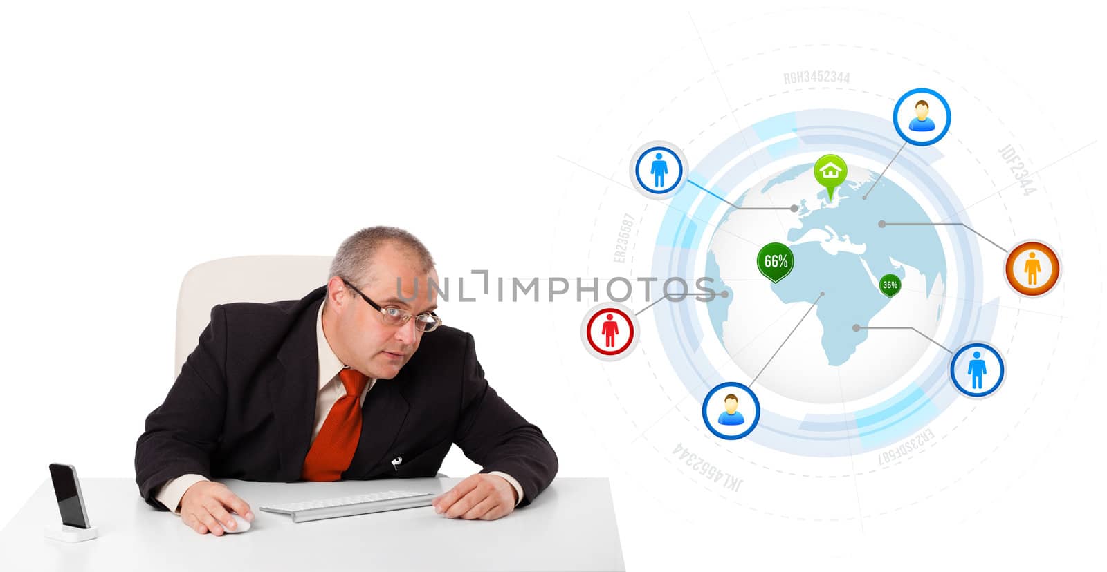 businessman sitting at desk with a globe and social icons, isolated on white