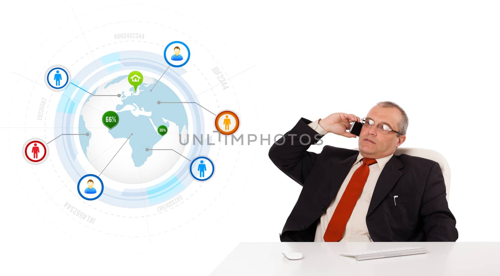 businessman sitting at desk and making a phone call with globe and social icons, isolated on white