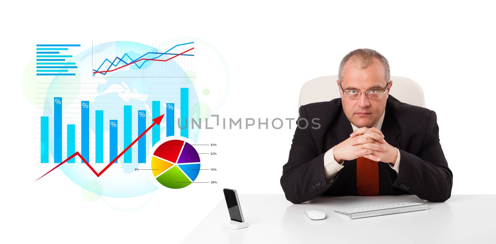 Businessman sitting at desk with statistics by ra2studio