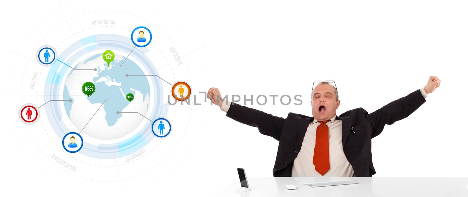 businessman sitting at desk with a globe and social icons, isolated on white