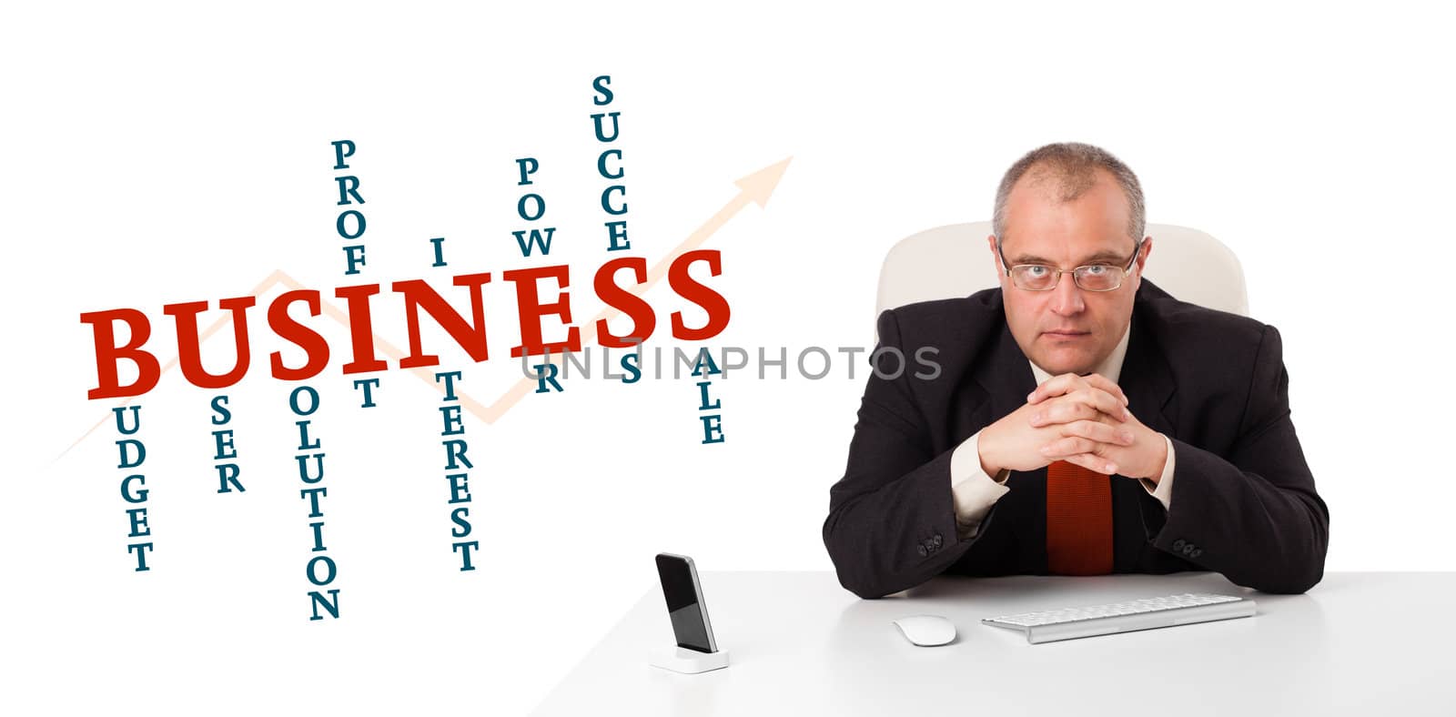 businesman sitting at desk with business word cloud by ra2studio