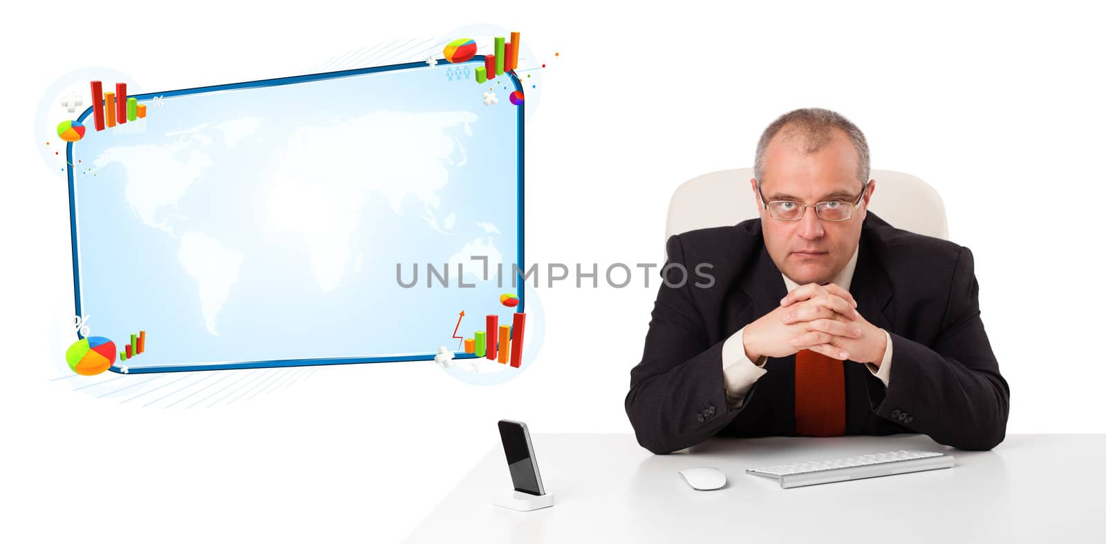 Businessman sitting at desk with copy space, isolated on white