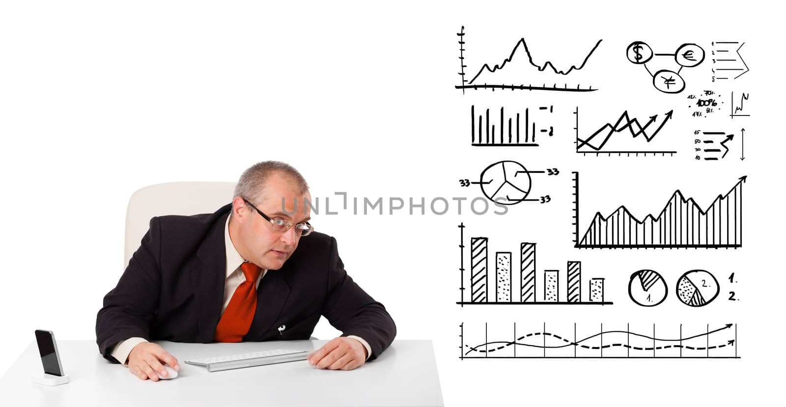 Businessman sitting at desk with diagrams and graphs, isolated on white