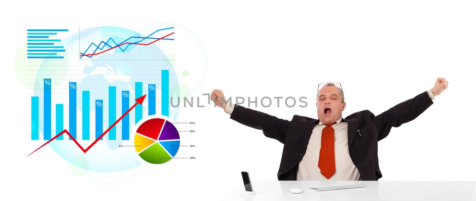 Businessman sitting at desk with statistics, isolated on white