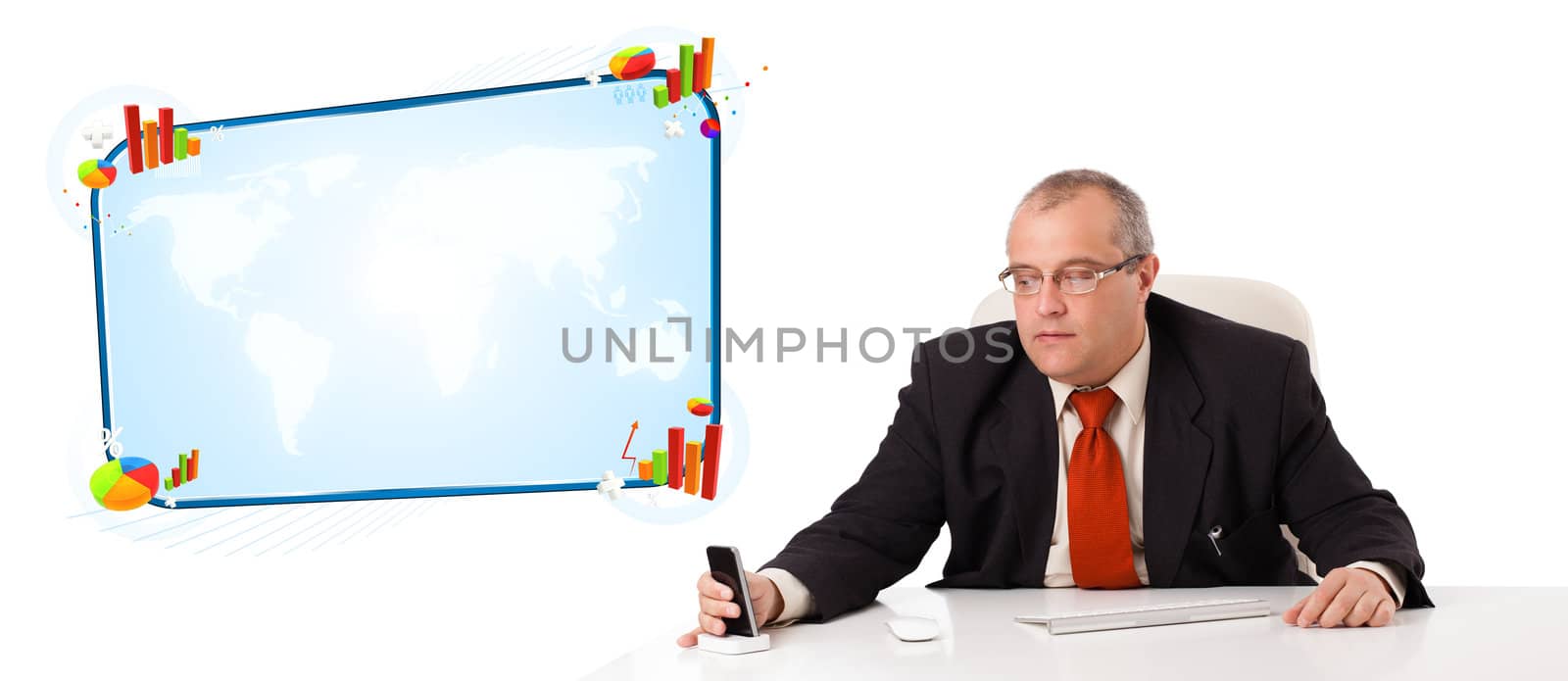businessman sitting at desk and holding a mobilephone with copy space, isolated on white