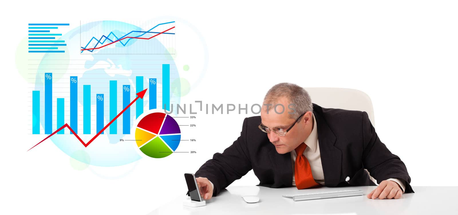 Businessman sitting at desk with statistics by ra2studio