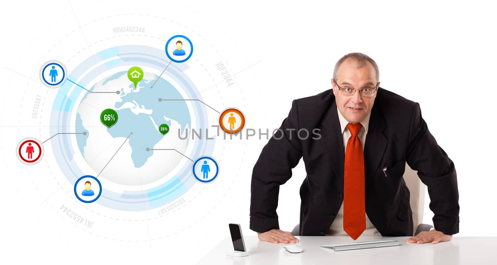 businessman standing at desk with globe and social icons, isolated on white