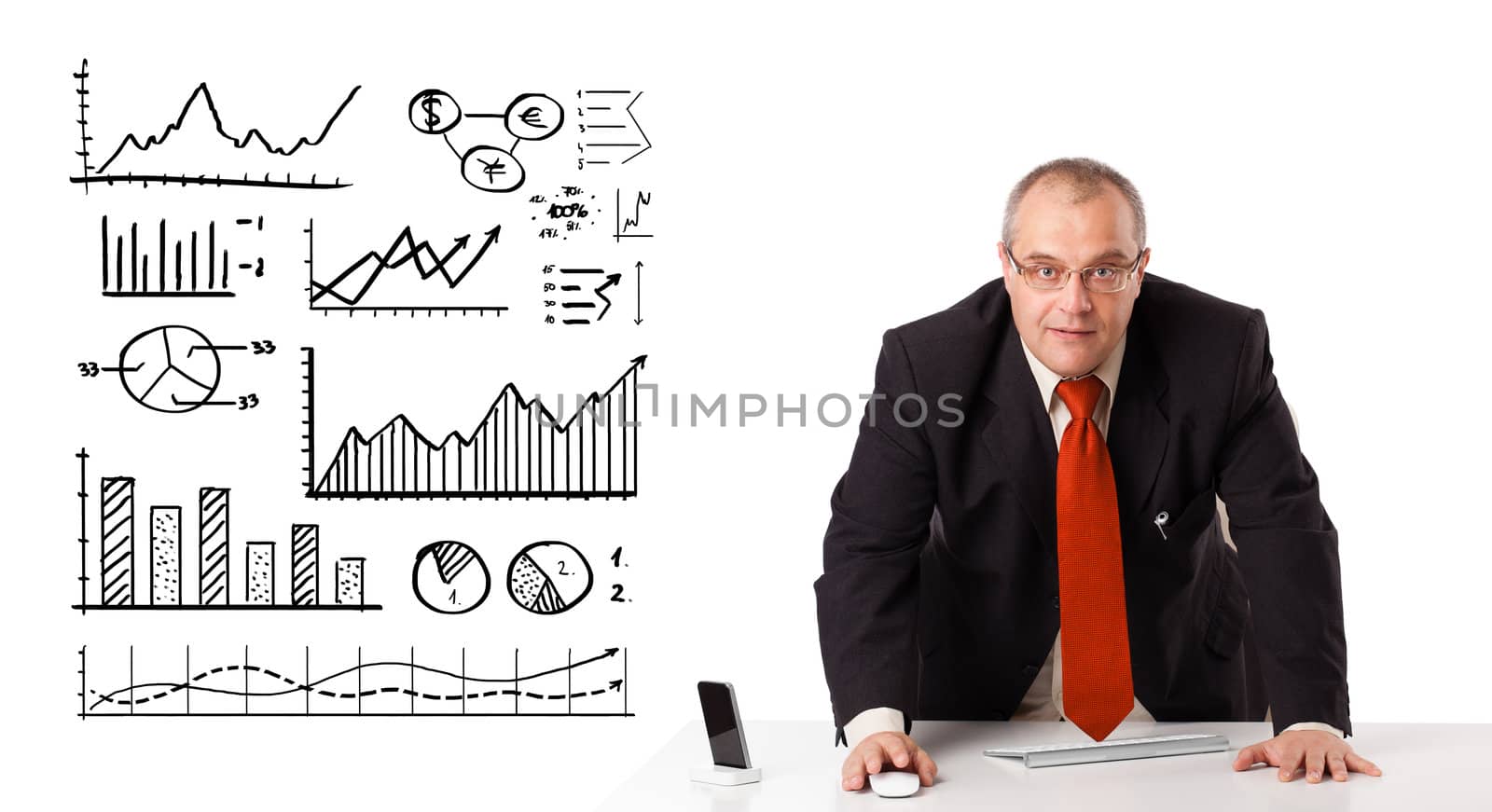 Businessman sitting at desk with diagrams and graphs, isolated on white