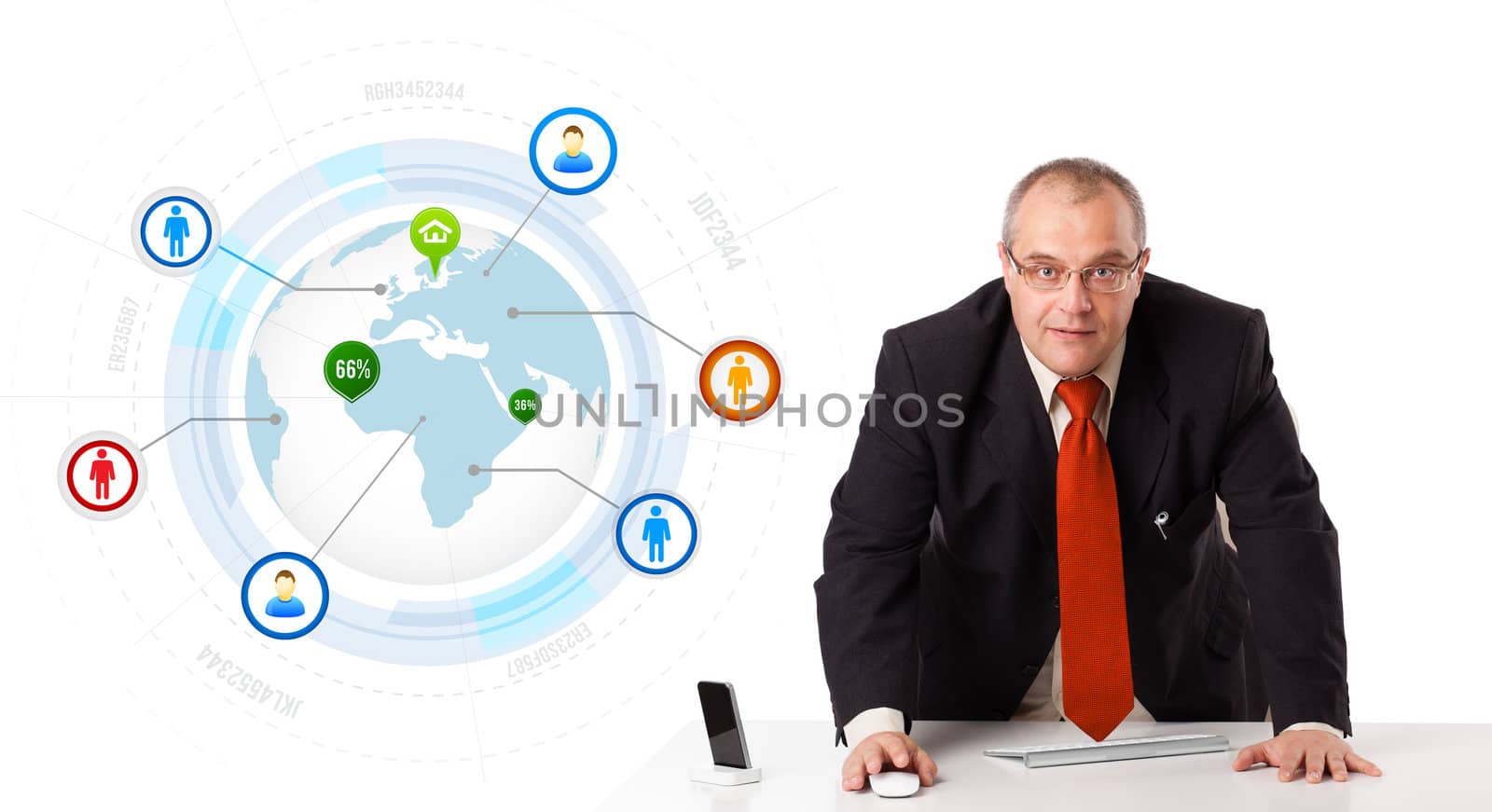 businessman sitting at desk with a globe and social icons, isolated on white