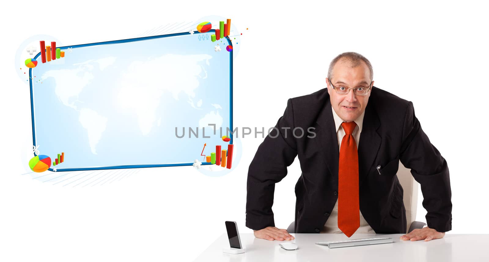 Businessman sitting at desk with copy space, isolated on white