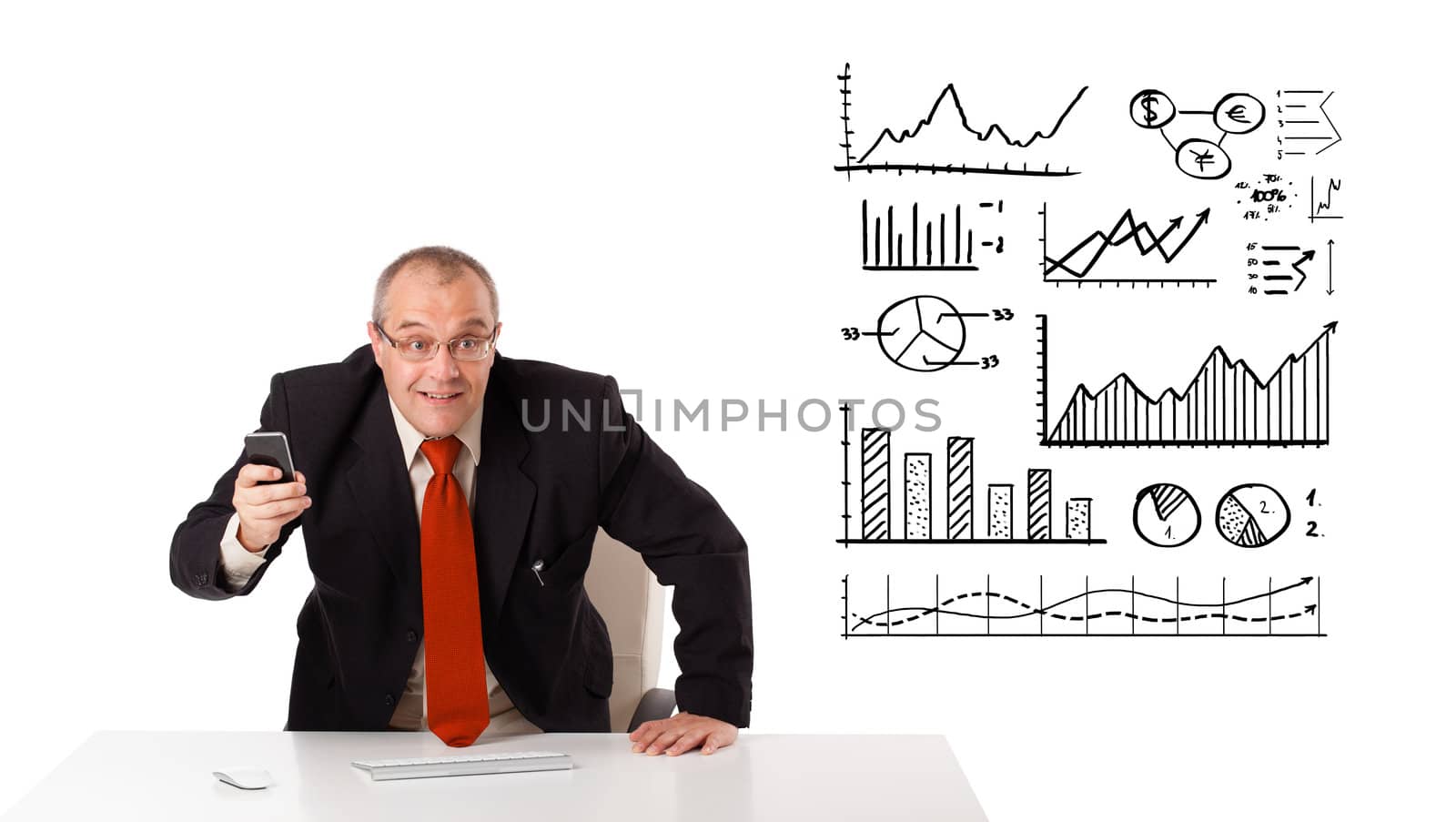 Businessman sitting at desk with diagrams and graphs, isolated on white