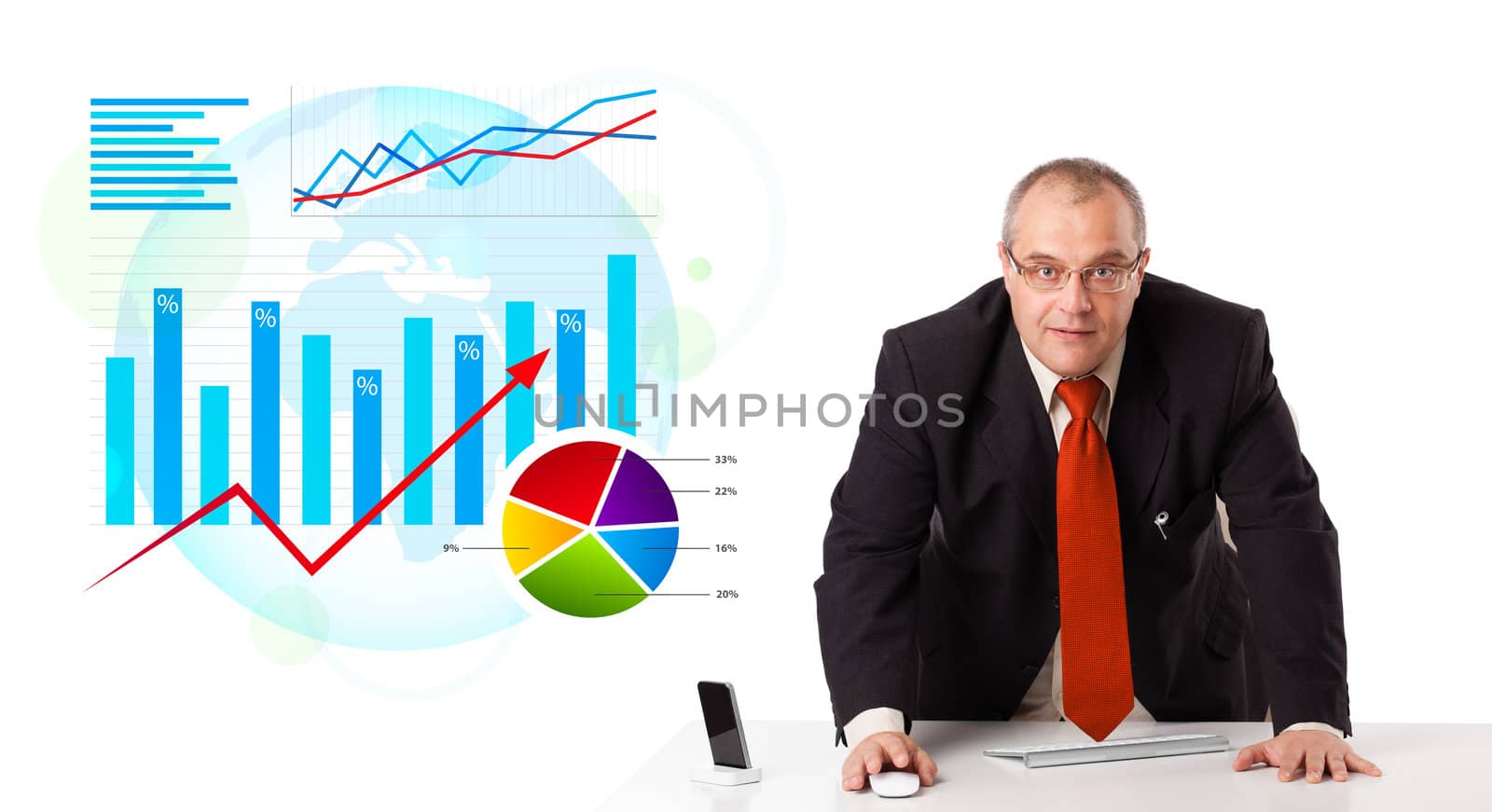 Businessman sitting at desk with statistics, isolated on white