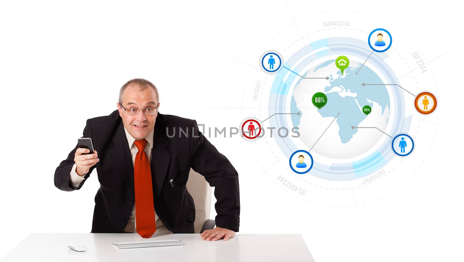 businessman sitting at desk and holding a mobilephone with globe and social icons, isolated on white