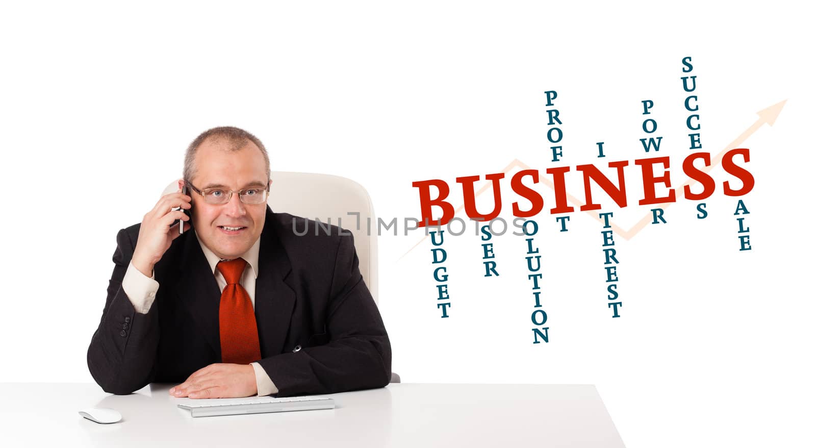 businessman sitting at desk and making phone call with word cloud, isolated on white