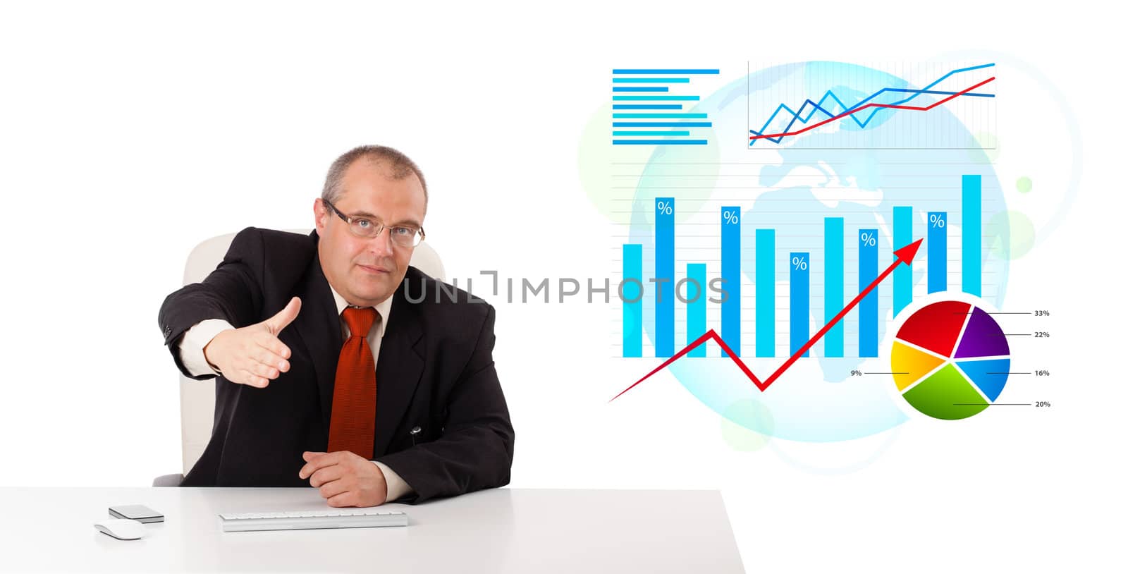 Businessman sitting at desk with statistics, isolated on white