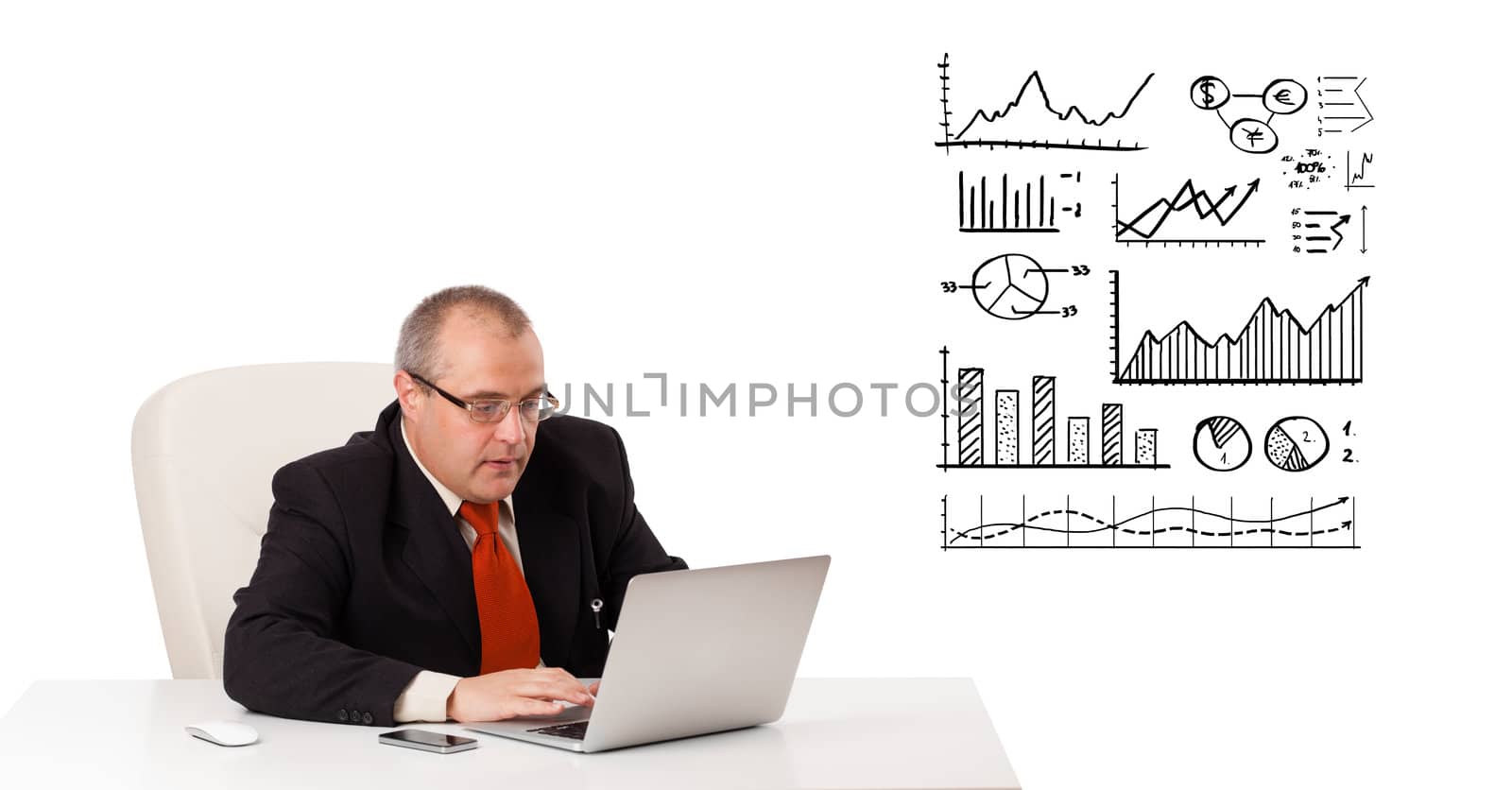 Businessman sitting at desk with diagrams and laptop, isolated on white