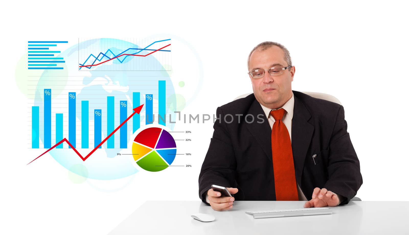 Businessman sitting at desk with statistics, isolated on white