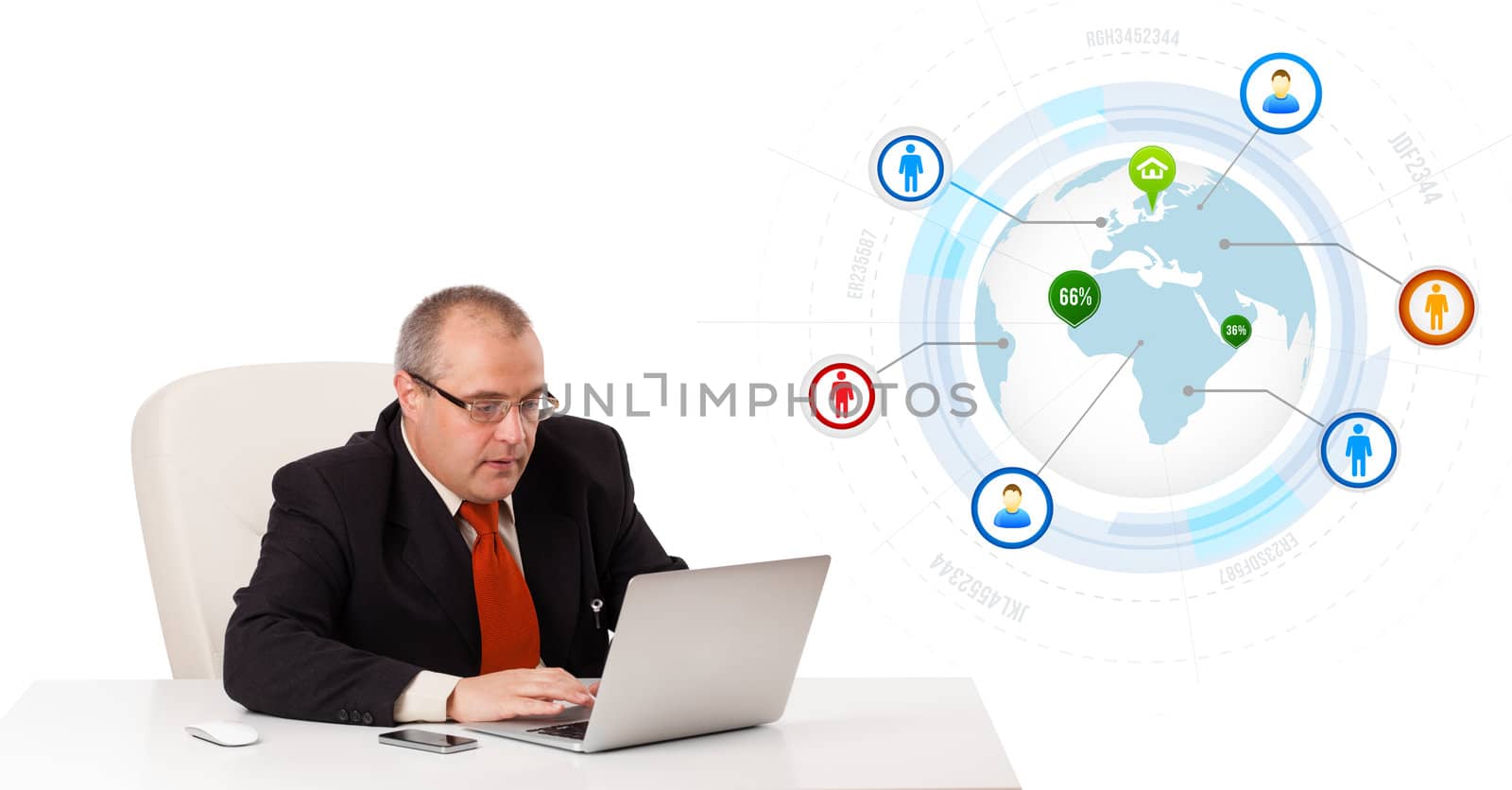 businessman sitting at desk and looking laptop with globe and social icons, isolated on white