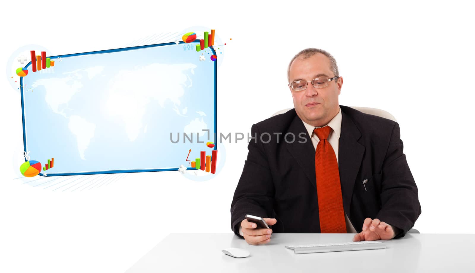 businessman sitting at desk and holding a mobilephone with copy space, isolated on white