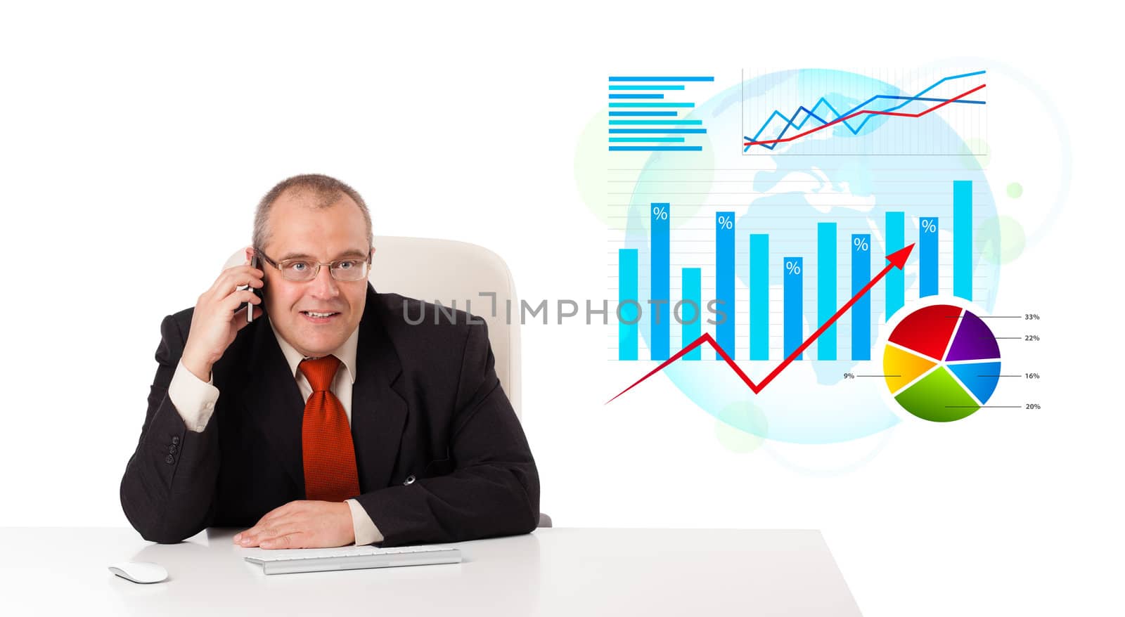 Businessman sitting at desk with statistics and making a phone call, isolated on white