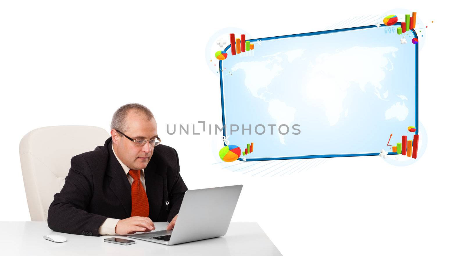 businessman sitting at desk and looking the laptop with copy space, isolated on white