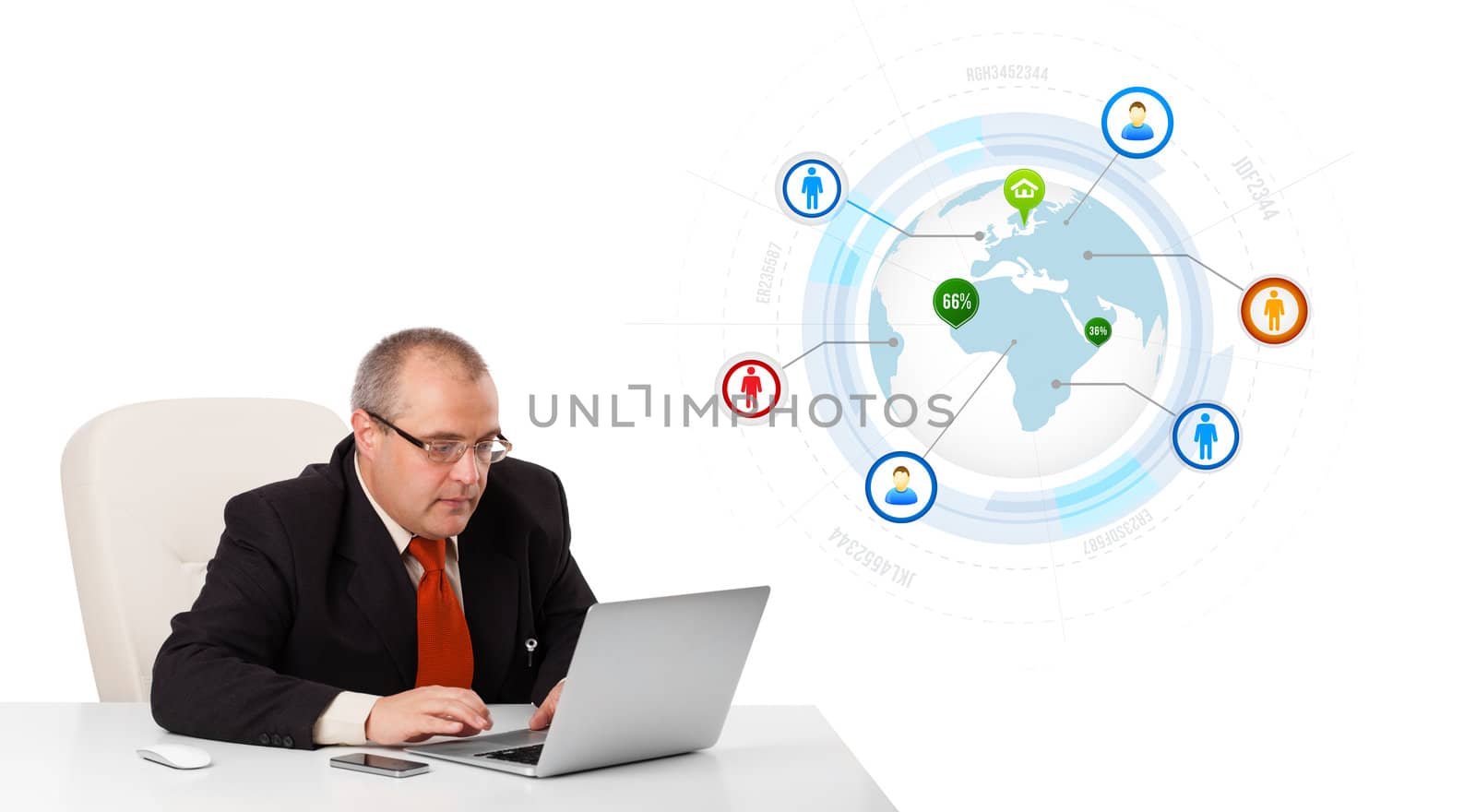 businessman sitting at desk and looking laptop with globe and social icons, isolated on white