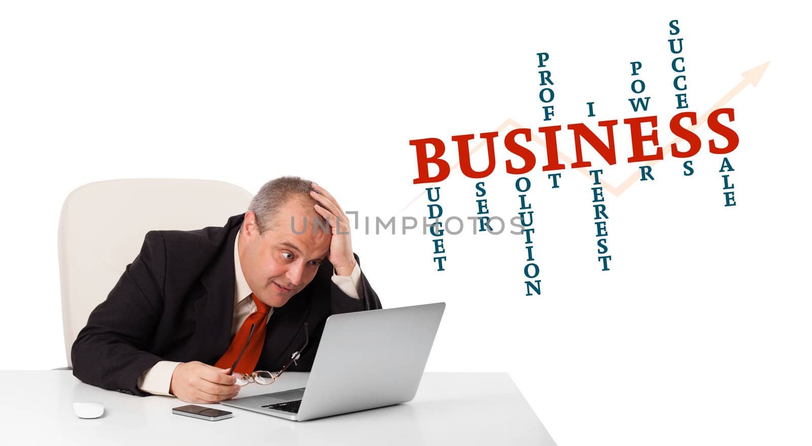 bisinessman sitting at desk and looking laptop with business word cloud, isolated on white
