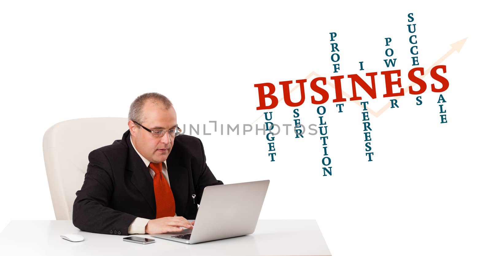 bisinessman sitting at desk and looking laptop with business word cloud, isolated on white