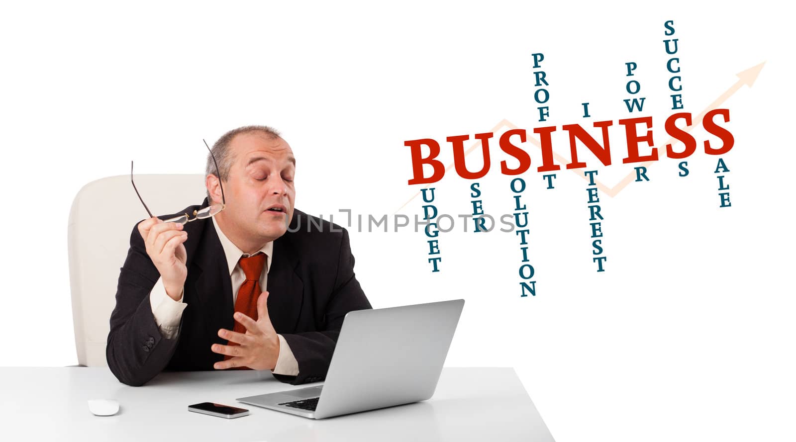 bisinessman sitting at desk and looking laptop with business word cloud, isolated on white