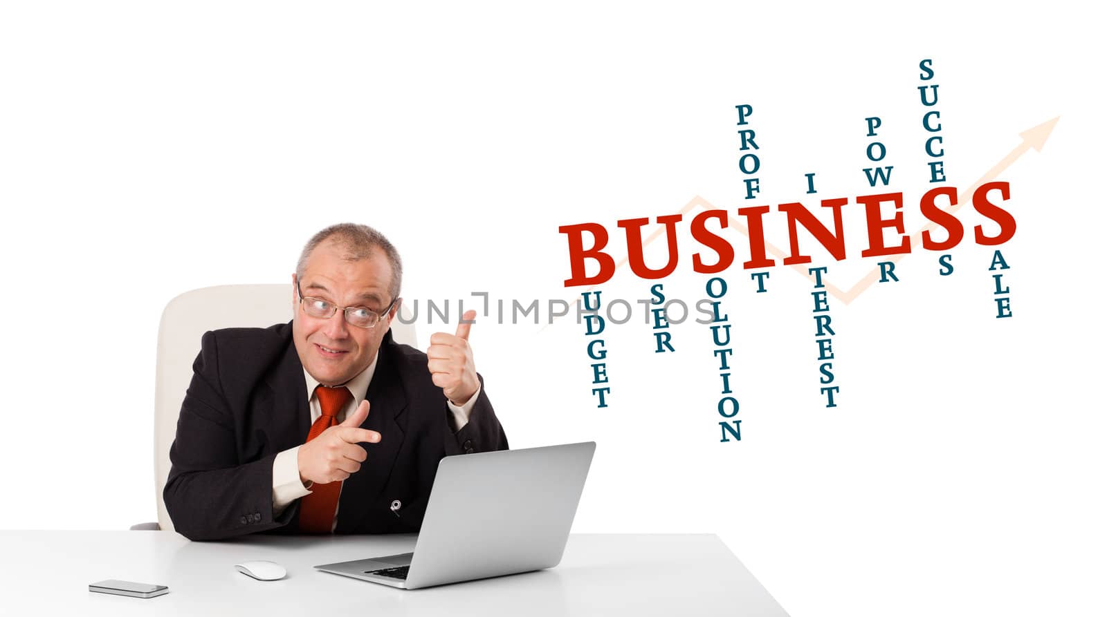 bisinessman sitting at desk and looking laptop with business word cloud, isolated on white