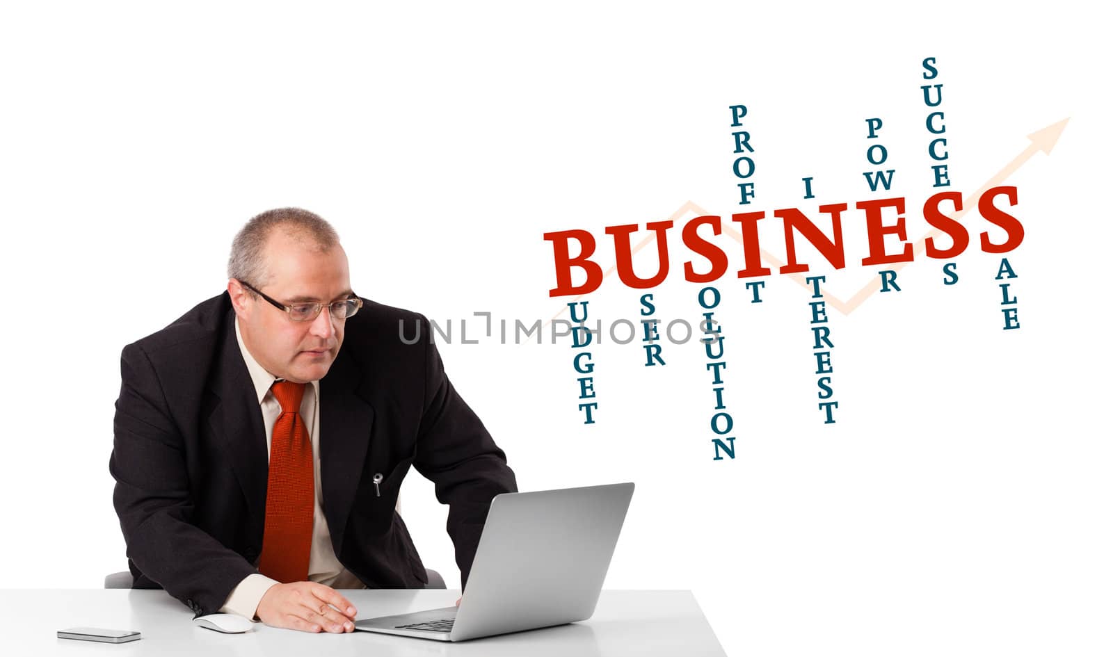 bisinessman sitting at desk and looking laptop with business word cloud, isolated on white