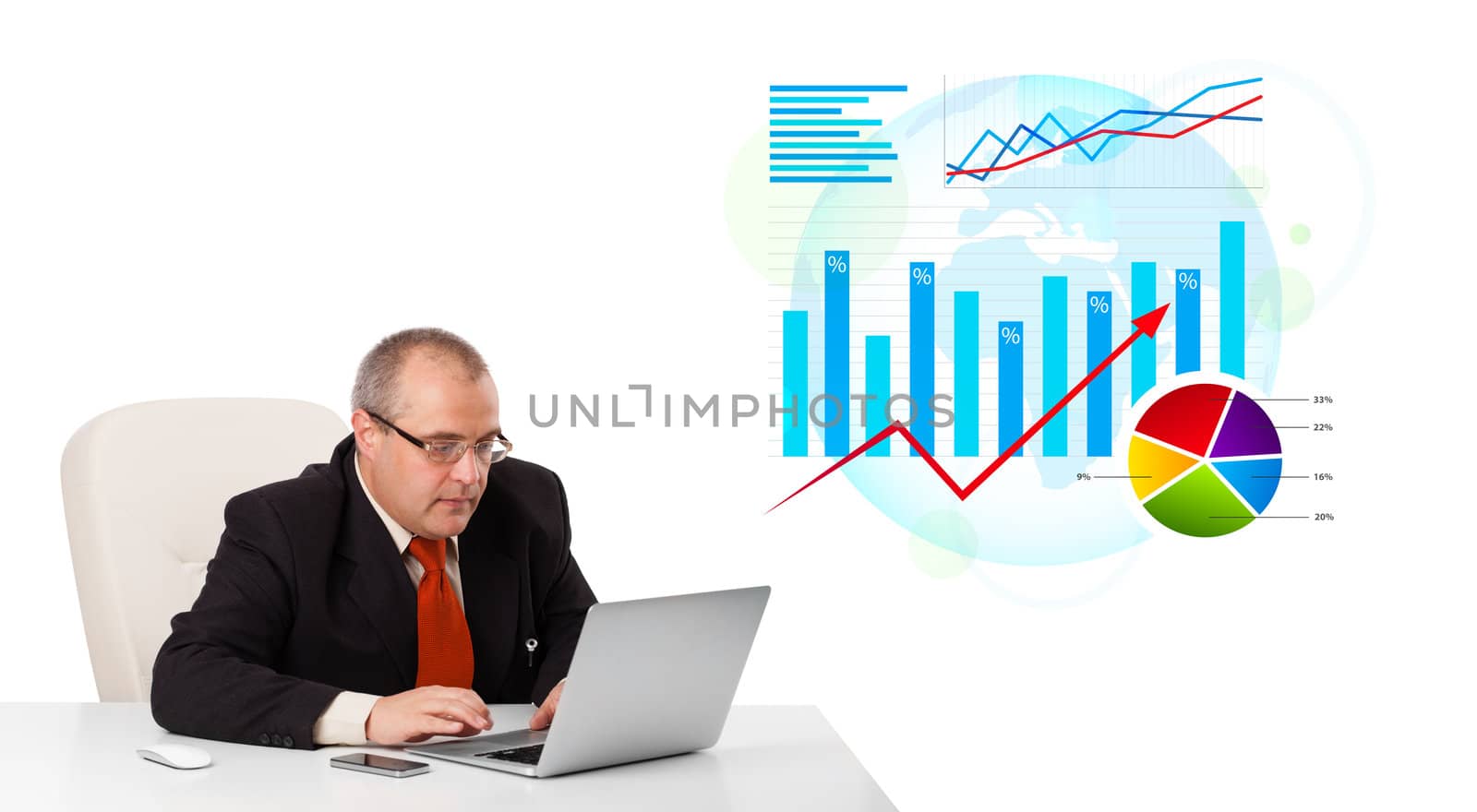 Businessman sitting at desk with laptop and statistics, isolated on white