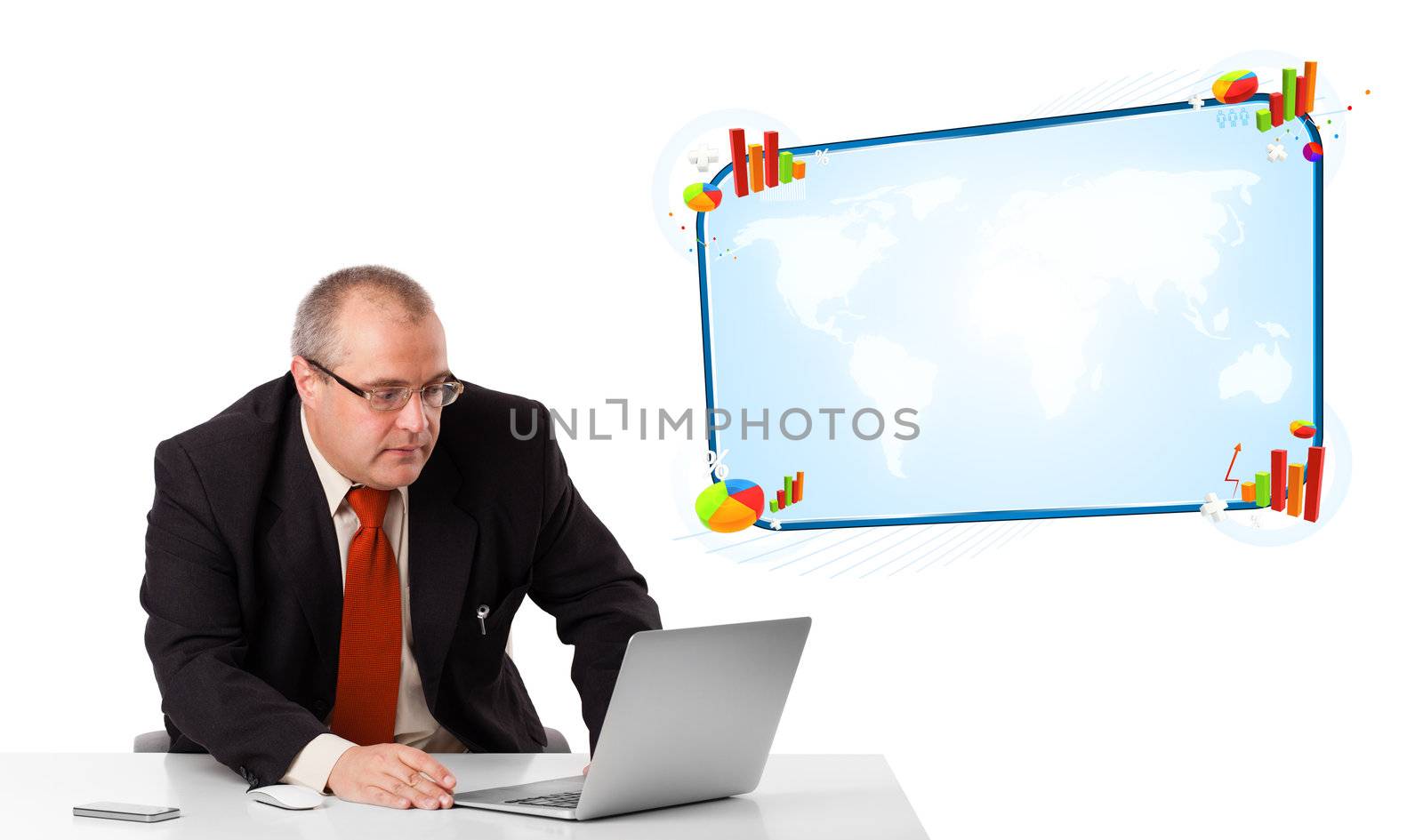businessman sitting at desk and looking the laptop with copy space, isolated on white