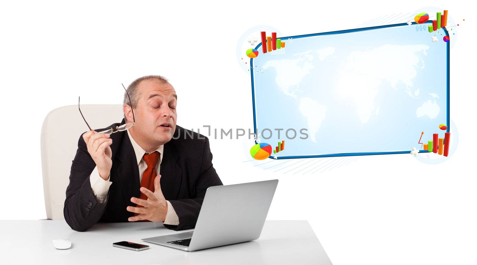 businessman sitting at desk and looking the laptop with copy space, isolated on white