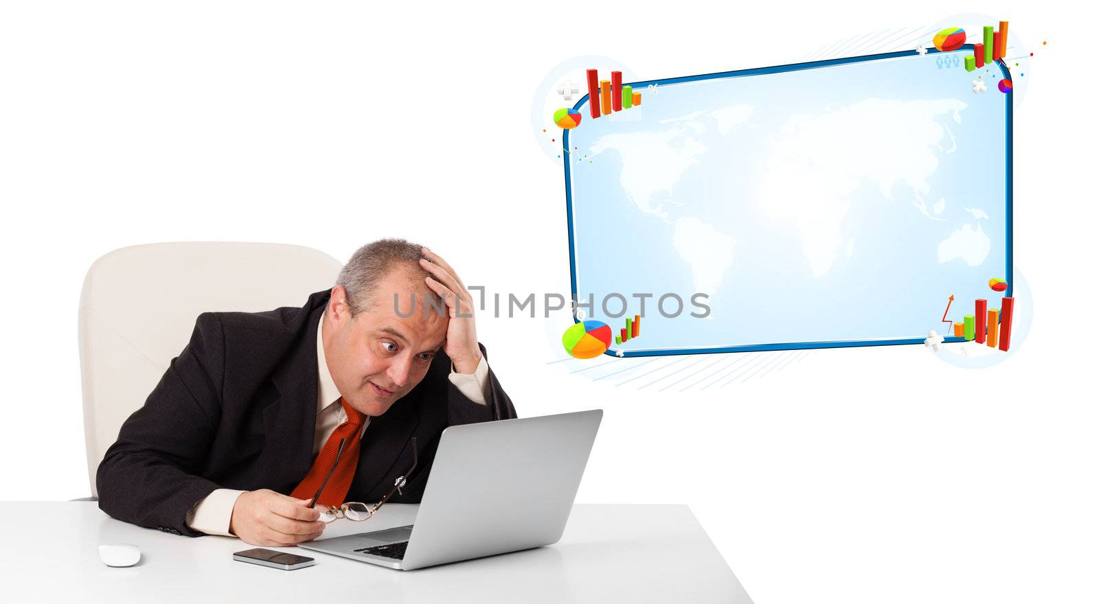 businessman sitting at desk and looking the laptop with copy space, isolated on white