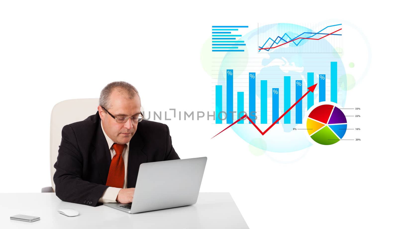 Businessman sitting at desk with laptop and statistics, isolated on white