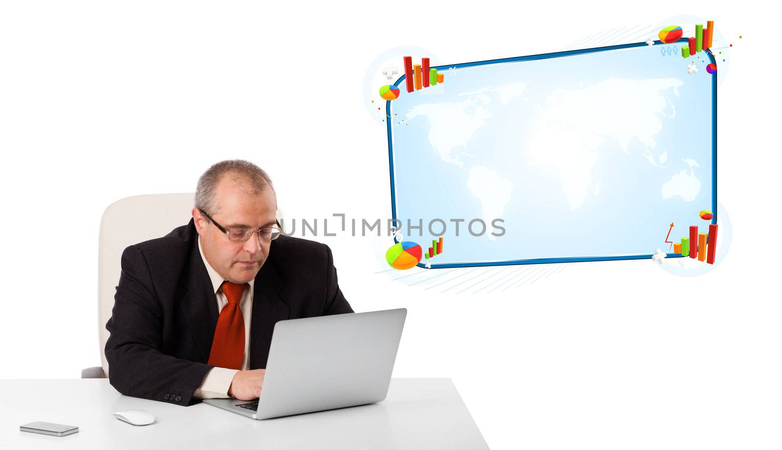 businessman sitting at desk and looking the laptop with copy space, isolated on white