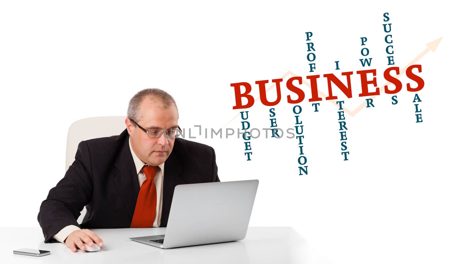 bisinessman sitting at desk and looking laptop with business word cloud, isolated on white