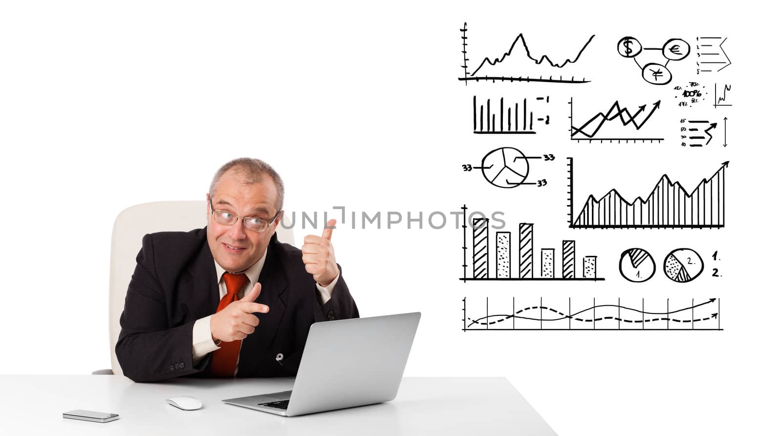 Businessman sitting at desk with diagrams and laptop, isolated on white