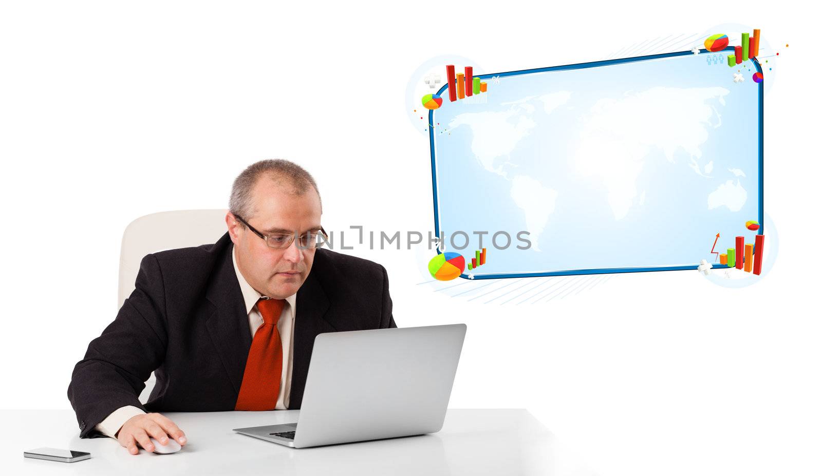 businessman sitting at desk and looking the laptop with copy space, isolated on white
