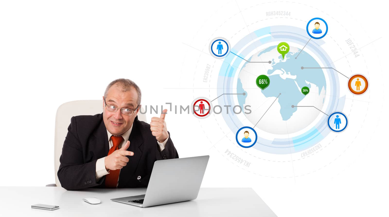 businessman sitting at desk and looking laptop with globe and social icons, isolated on white