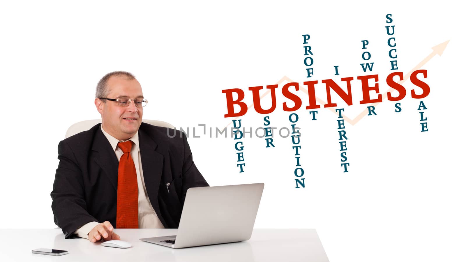 bisinessman sitting at desk and looking laptop with business word cloud, isolated on white