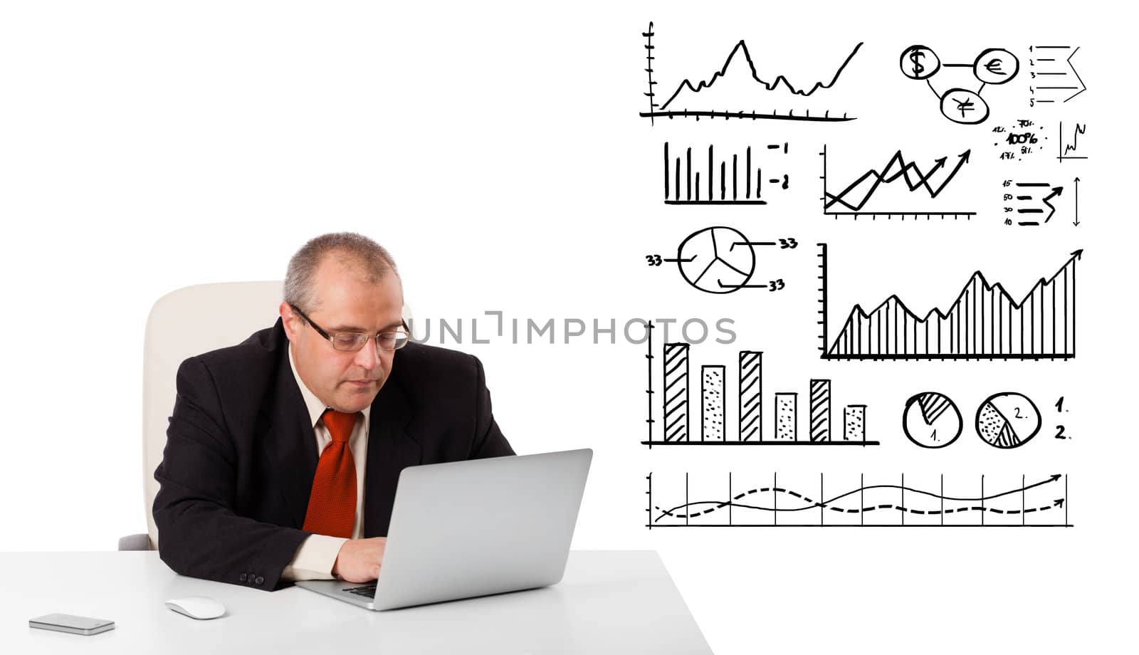 Businessman sitting at desk with diagrams and laptop, isolated on white