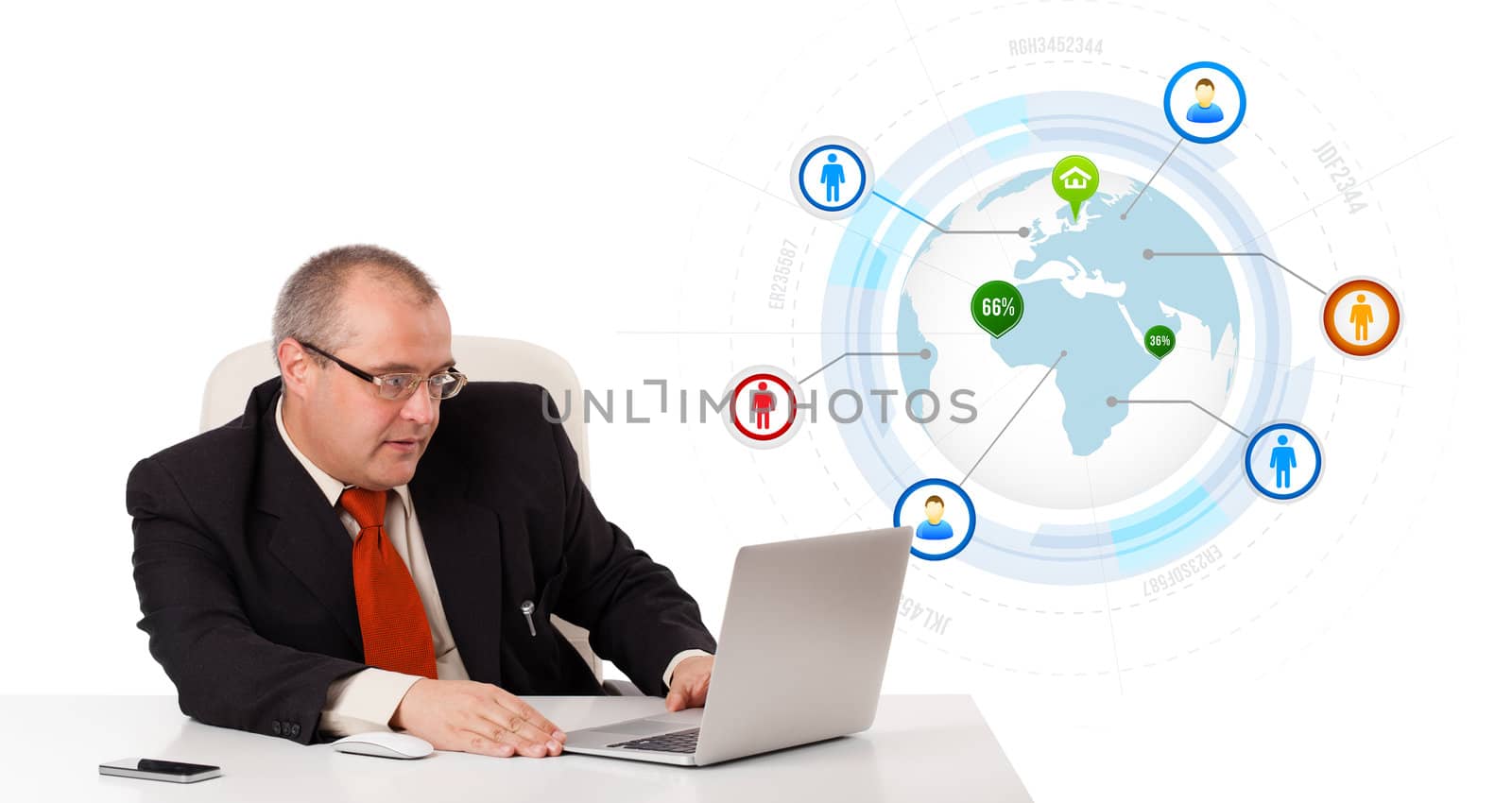 businessman sitting at desk and looking laptop with globe and social icons, isolated on white