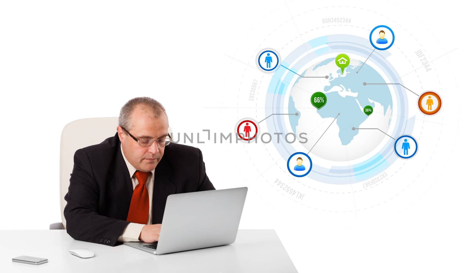 businessman sitting at desk and looking laptop with globe and social icons, isolated on white