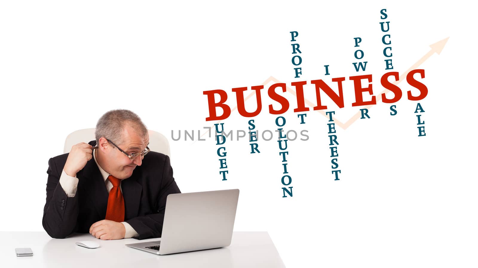 bisinessman sitting at desk and looking laptop with business word cloud, isolated on white